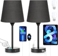 Black Bedside Lamps Set 2 for Bedroom - Dimmable Touch, USB C+A, AC Outlet | 14.5" Mini Lamp, 3-Way Dimmable, LED Bulbs Included, Black Barrel Fabric Lampshade, Nightstand Light for Guest Room, Kids by Acaxin