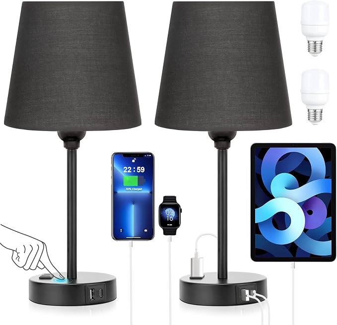 Black Bedside Lamps Set 2 for Bedroom - Dimmable Touch, USB C+A, AC Outlet | 14.5" Mini Lamp, 3-Way Dimmable, LED Bulbs Included, Black Barrel Fabric Lampshade, Nightstand Light for Guest Room, Kids by Acaxin