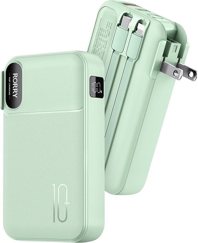 RORRY Portable Charger w/Wall Plug 10000mAh Power Bank 22.5W Battery Pack | Built in Cables, Fast Charging, for iPhone, iPad, Samsung Galaxy, Pixel, LG, Travel Essential, Digital Display, Pocket Size by RORRY