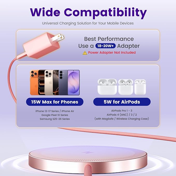 15W Wireless Charger for Apple MagSafe Charger, Magnetic Fast Charging Pad | Compatible for iPhone 17 16 15 14 13 12 Pro Max, AirPods-Slim Portable for Desk Bedside and Travel - 3 Pack, Pink - Image 3