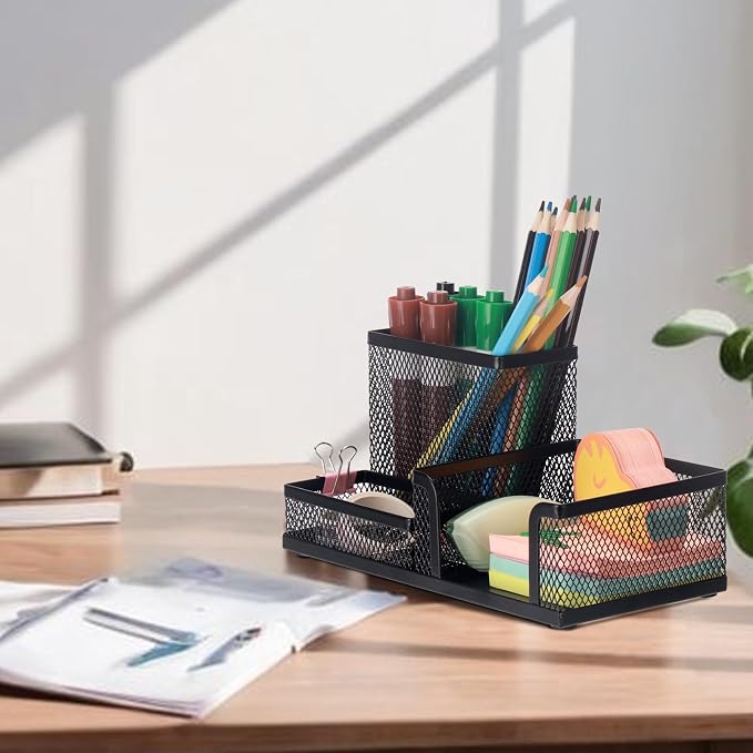 Comix Mesh Pen Holder, Desk Organizer for Home Office, Black | 3 Compartment Pencil Holder, Sticky Notes Holder, Pen Organizer Office Supplies - Image 8
