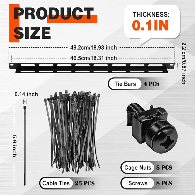 Zonon 4 Sets 1u 19 Inch Server Rack Cable Management Tie Bar Kit Includes 4 Pack 1u Tie Bars, 25 Zip Ties, 8 Cage Nuts & 8 Screws Work with Open Frame Enclosure Network Cabinet Mount Wire Management - Image 2
