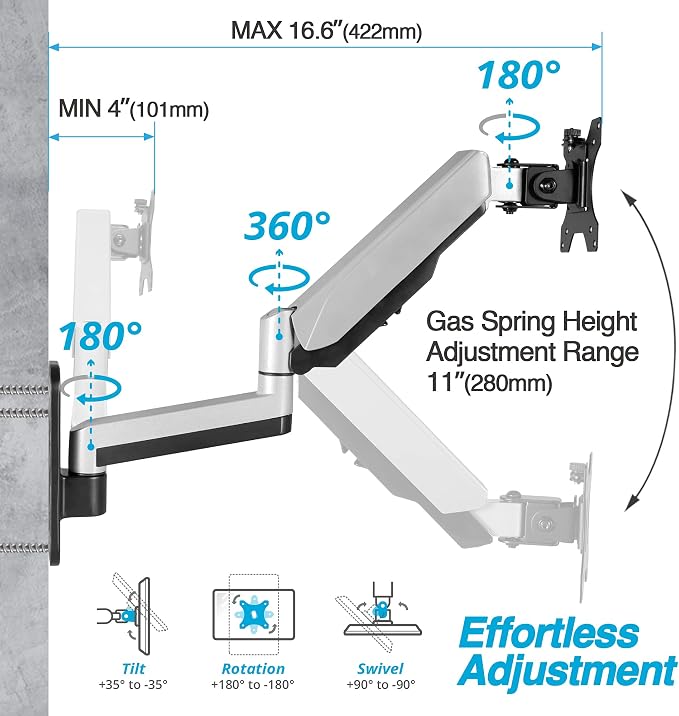 AVLT Single Extended Monitor Wall Mount for 13-32" Screens - Silver | Supports flat/curved/ultrawide screens up to 19.8 lbs. Smooth gas spring control, VESA 75x75/100x100 and clean cable routing - Image 3