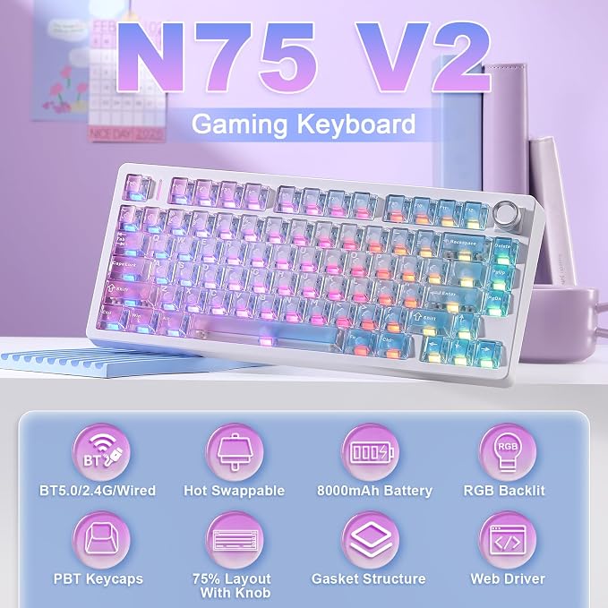 N75 V2 Wireless Gaming Keyboard,2.4GHz/BT/Wired Mechanical Keyboard | 75% Keyboard with Knob, Tri-Mode Bluetooth Keyboard, Gasket Hot Swappable Creamy Keyboard for Win & Mac (Pink-Blue Gradient) - Image 2