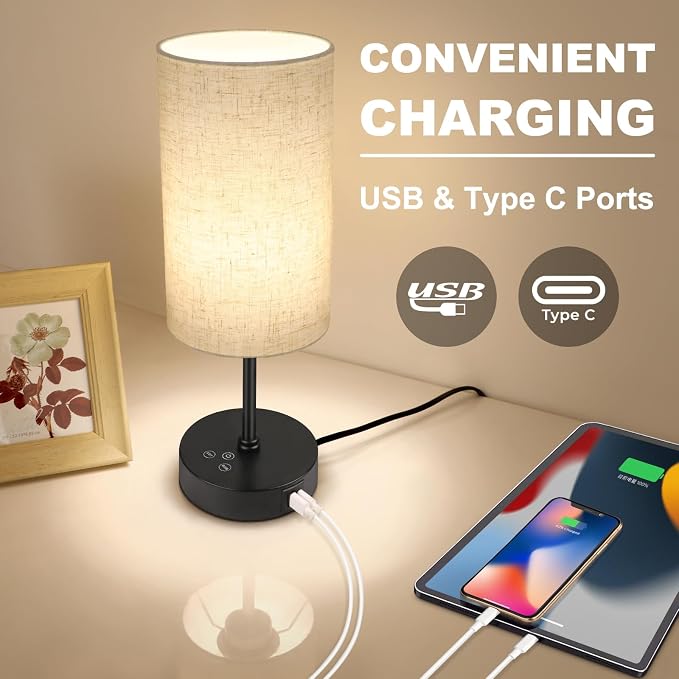 Table Lamp, 3 CCT 3000K/4500K/6500K & RGB Color Changing, Stepless Dimmable Small Bedside Lamp for Reading, Ambience Nightstand Light for Home Decor Party, Beige Shade - Image 5