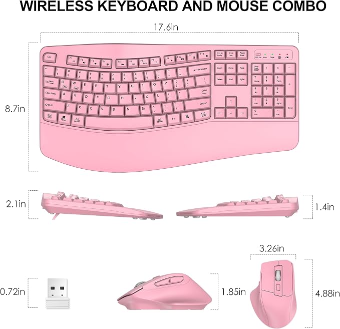 Wireless Keyboard and Mouse Combo, 2.4G Full Size Wave Keys Ergonomic Keyboard with Wrist Rest and 3-Level DPI Adjustable Wireless Ergonomic Mouse for Windows, Mac OS Desktop/Laptop/PC(Pink) - Image 8