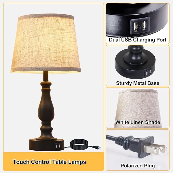 EJIAXIN Table Lamps Set of 2, Bedside Nightstand Lamps with USB Charging Ports,Dimmable Touch with Linen Fabric Lampshade, Modern Small Lamp for Bedrooms, Living Room (Bulbs Included) - Image 5