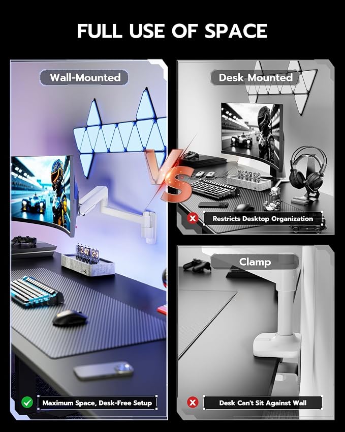 ARES WING Monitor Wall Mount for 24-57 Inch Ultrawide Screen, White | Premium Heavy Duty Gaming Monitor Arm for 60 lbs, Full Motion Gas Spring, Bearing Head for Easy Adjustment, 75/100 VESA Mount - Image 5