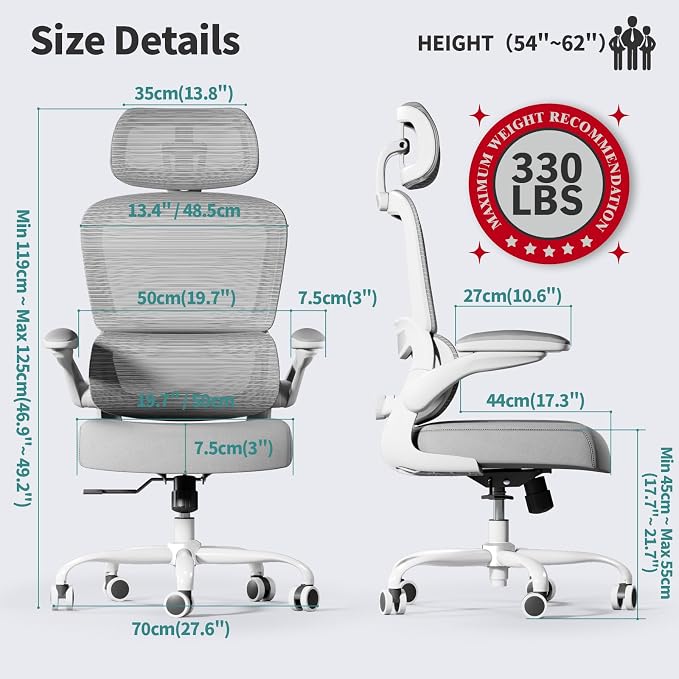 TRALT Office Chair Ergonomic Desk Chair - Gaming Chair with Lumbar Support | 330 LBS Home Office Desk Chairs with Headrest, Reading Chair with Flip-up Armrests, Comfortable Computer Chairs (1, Grey) - Image 2