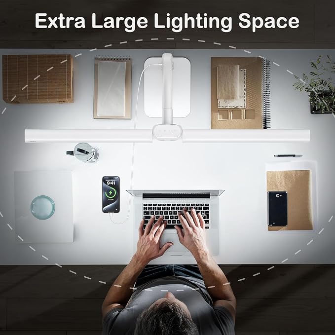24W LED Desk Lamp for Home Office, 1500lm Dual Head Task Light with Remote | Tall Architect Lamps for Reading, USB Charging Port, Eye Caring, Dimmable 5 Color Modes, Adjustable Gooseneck, Timer, Base - Image 4