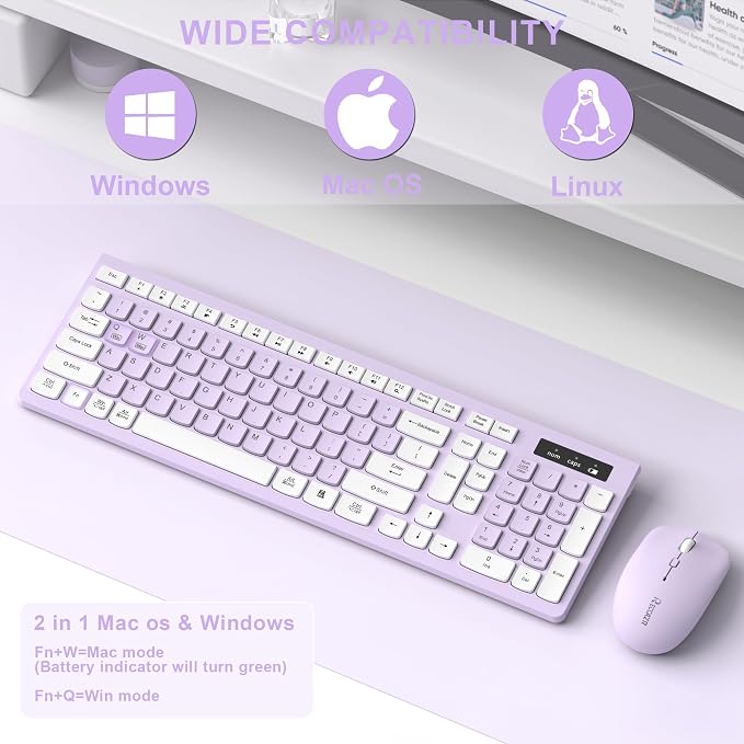 Wireless Keyboard and Mouse Combo Silent for Office and Home(Lilac) | 2.4G Full Size Silent Cordless Keyboard with Tilt Legs,3-Level DPI Quiet Mouse,for Windows/Mac OS/Desktop/Laptop/PC - Image 5