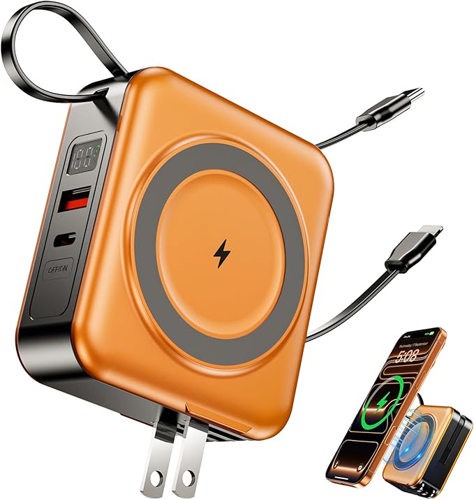 for Magsafe Portable Charger with Built-in Cables and AC Wall Plug, 10000mAh Magnetic Wireless Power Bank 22.5W Type-C in & Out Fast Charging Battery Pack for iPhone 17/16/15/14/13/12 Series, Orange by Unknown