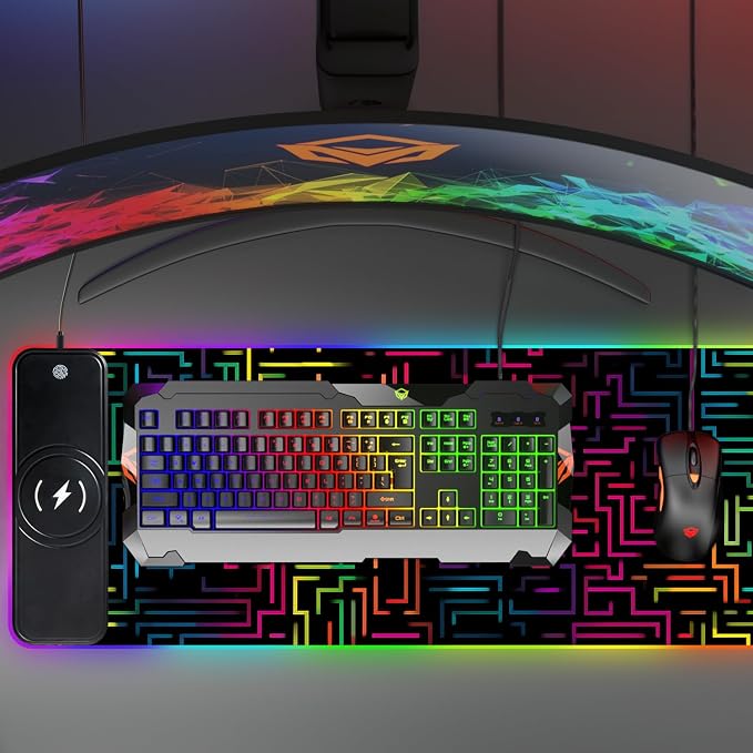 Wireless Charging RGB Gaming Mouse Pad, 31.5 x 11.8 Inch Extended Mouse Mat with Neon Geometric Line Design, LED Desk Pad with 7 Lighting Modes, Non-Slip Base for Gaming & Office - Image 9
