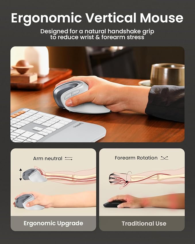 ProtoArc EM11 NL Wireless Ergonomic Vertical Mouse, White | 58° vertical design supports a natural wrist posture; connect 3 devices via Bluetooth/2.4G USB-A; 500mAh USB-C rechargeable. - Image 6