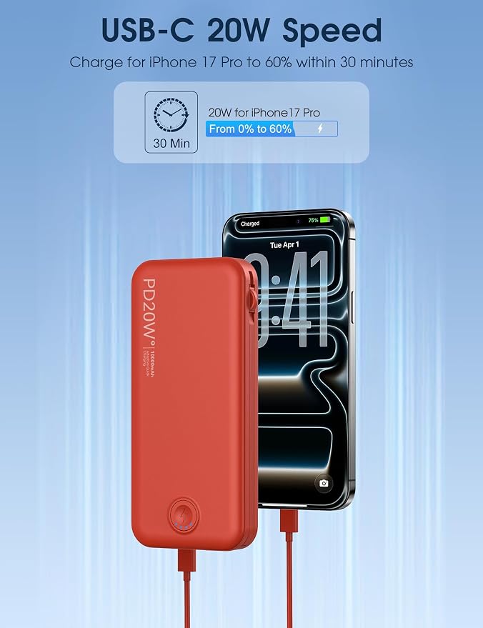 Nusyddy Portable Charger 10000mAh Fast Charging w/Built-in Wall Plug Red | PD20W Fast Charging, LED Indicator, Pass Through Charging, TSA Approved, Compact/Slim, Power Bank for iPhone/iPad/Samsung - Image 4