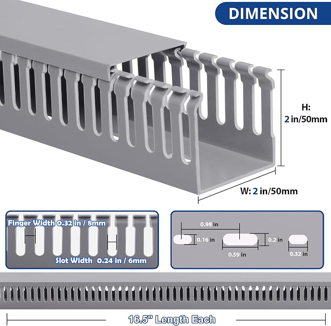 2" H x 2" W Cable Raceway, 33in Under Desk Wire Management Channel, Grey | Slotted Wire Duct, 2Pack, 16.5in Each, Heavy-Duty PVC Cable Management for Server Racks, Network Cables & Electrical Cabinets - Image 2