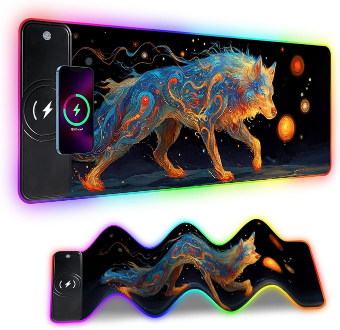 Wireless Charging RGB Gaming Mouse Pad, 31.5 x 11.8 Inch Extended Mouse Mat with Cosmic Wolf Art Design, LED Desk Pad with 7 Lighting Modes, Non-Slip Base for Gaming & Office by THISFIND