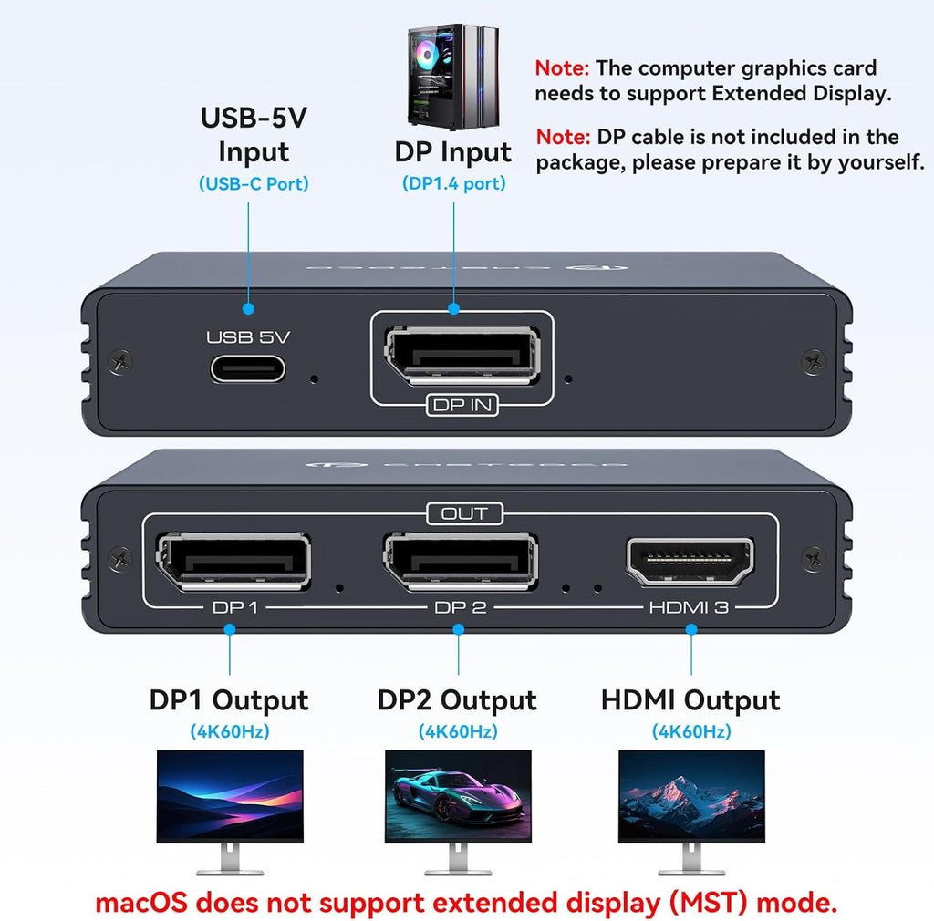 Displayport Splitter 3 Monitors Dual DP with HDMI Adapter 4K60Hz Extended Display 1 in 3 Out Displayport MST Hub for Multiple Monitors Compatible for PC, Graphics Card, Lenovo, HP and More - Image 2