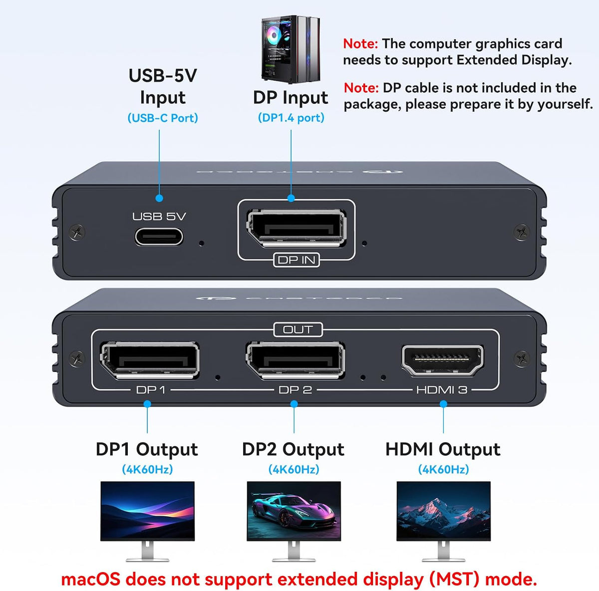 Displayport Splitter 3 Monitors Dual DP with HDMI Adapter 4K60Hz Extended Display 1 in 3 Out Displayport MST Hub for Multiple Monitors Compatible for PC, Graphics Card, Lenovo, HP and More - Image 2
