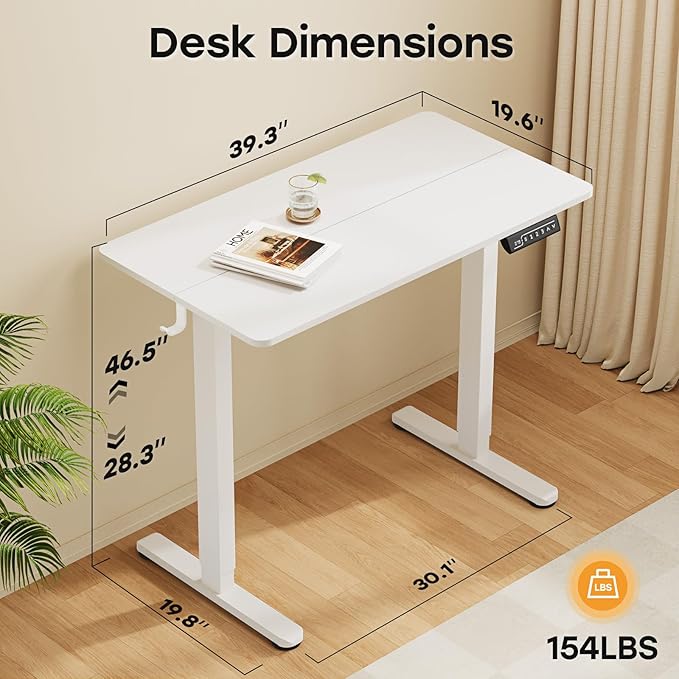 40" Electric Standing Desk, White Standing Desk with 2 Hooks | Height Adjustable Sit Stand Desk with 2 Hooks, Stand up Desk with Splice Board & Sturdy Frame for Home Office - Image 2