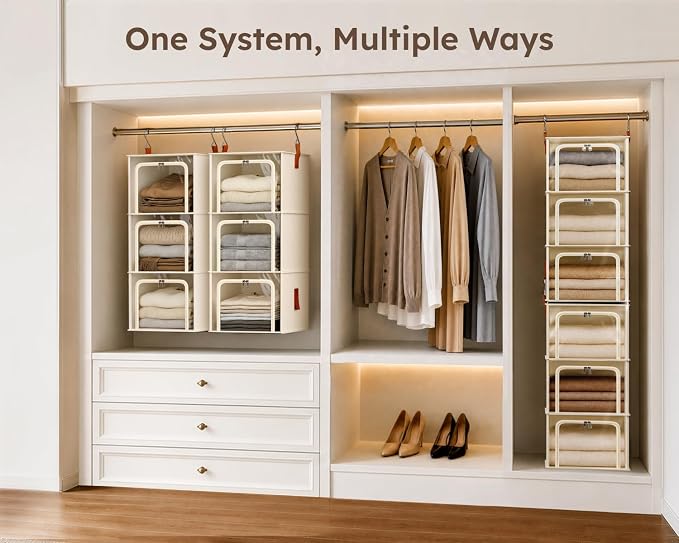 Homsorout 6-Tier Modular Hanging Closet Organizer Shelves, Beige | 3+3 Modular Design, Clear Window, Front Opening, Fabric Vertical Storage, Closet Storage for Home, Apartment, Nursery, RV - Image 2