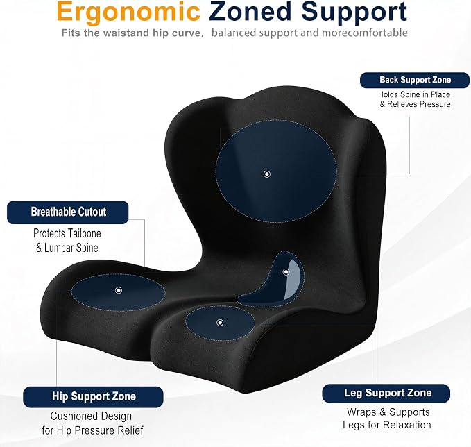 Seat Cushion for Office Chair and Car – L-Shaped Ergonomic Seat Cushions for Stability & Anti-Slip, Orthopedic Cushion for Sciatica, Back & Tailbone Pain Relief, Black - Image 7
