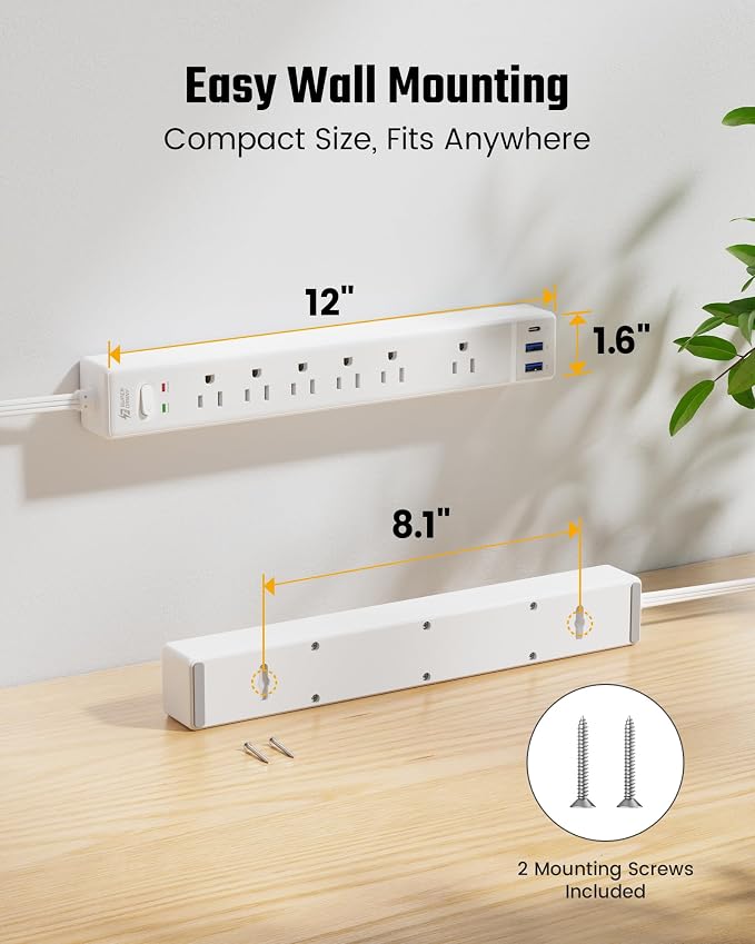 SUPERDANNY 6Ft Thin Extension Cord, Flat Plug Surge Protector Power Strip | Charging Station with 6 Outlets & 3 USB Ports, Wall Mountable Outlet Extender for Home, Office, College Dorm Room Essentials - Image 8