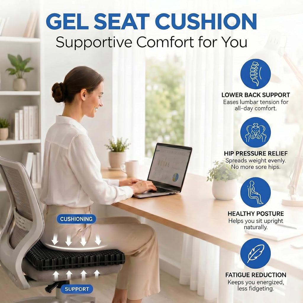 Gel Seat Cushion for Long Sitting – Double-Layer Honeycomb Cooling Chair Pad, Thick Supportive Gel Cushion with Breathable Non-Slip Cover for Office Chair, Car, Wheelchair & Long Sitting（Black） - Image 3