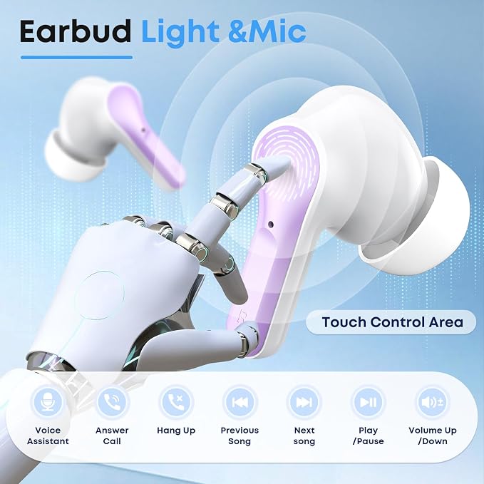 Wireless Earbuds, Bluetooth 5.3 Headphones HiFi Stereo 50H Playback LED Digital Display Ear Buds with ENC Noise Canceling Headset, IPX7 Waterproof Earphones for Gym/Running/Work(Light Purple) - Image 6