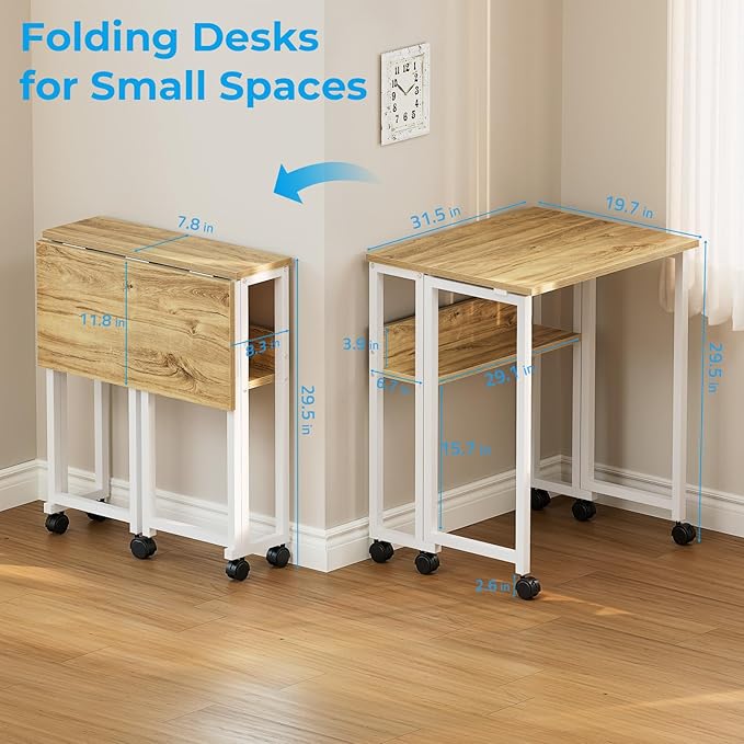 GreenForest Folding Desk with Wheels, 31.5" Rolling Table for Small Spaces | Storage Shelf, Lockable Casters, Compact Portable Workstation, Space-Saving Foldable Sofa Table, Home Office, Mobile, Oak - Image 3