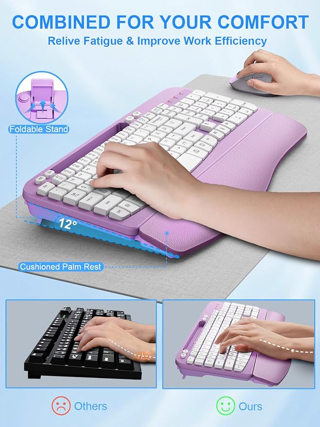 Hayyiesh Ergonomic Wave Keys Wireless Keyboard and Mouse Combo, Full Size with Memory Foam Wrist Rest & Phone Holder, 2.4G Cordless Set with USB-C Adapter for Windows Mac Desktop Laptop (Purple) - Image 5