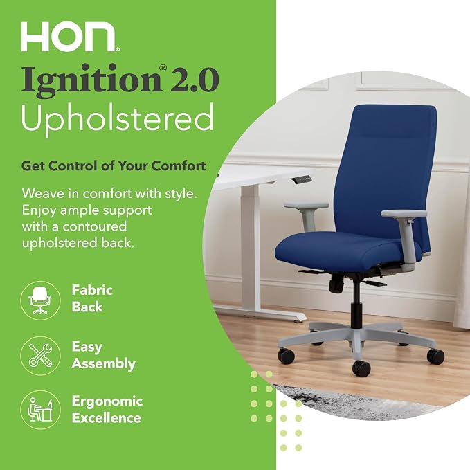 HON Ignition 2.0 Ergonomic Office Chair, Lumbar Support, Desk Chair, Indigo | Upholstered ergonomic office desk chair with lumbar support, adjustable arms, office decor, standard tilt for comfort - Image 3