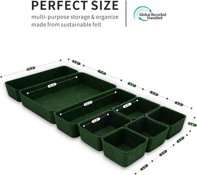 Desk drawer organizer bins shallow trays felt storage desktop box for jewelry watches office supplies makeup small key holder minimalism 8-piece (Forest Green) - Image 7