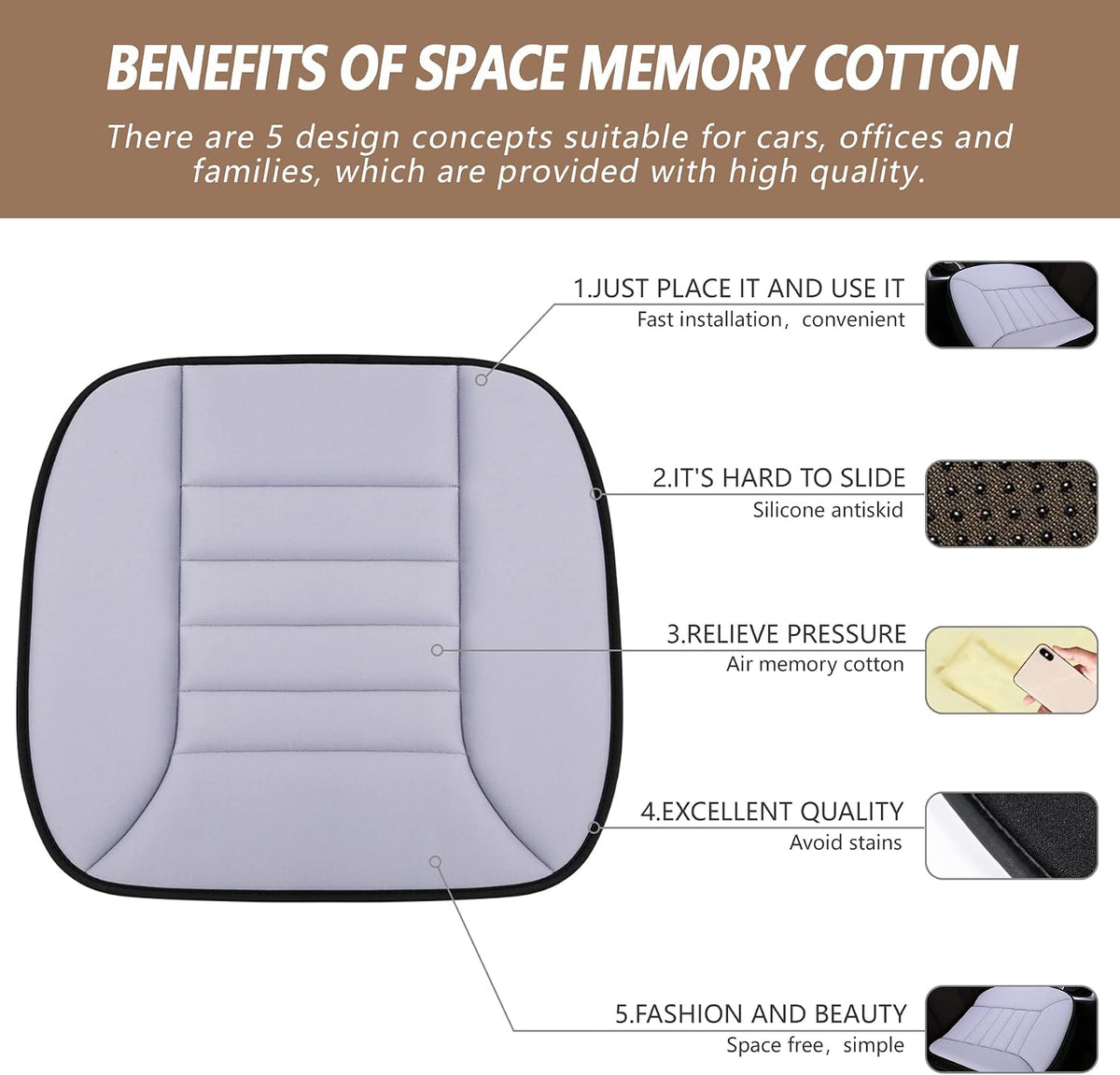 MYFAMIREA Car Seat Cushion Pad 1.2" Thick Comfort Seat Protector for Car Driver Seat Office Chair Home Use Memory Foam Seat Cushion with Non Slip Bottom, 20'' x 18.5'', Gray (Pack of 2) - Image 2