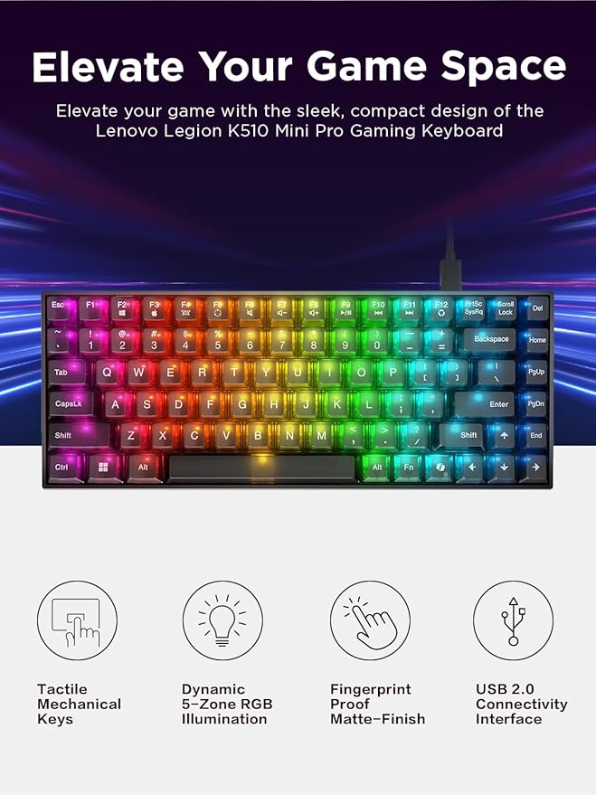 Lenovo Legion K510 Mini Pro Wired Mechanical Gaming Keyboard - 75% Compact Design, RGB Illumination, Hot-Swappable Mechanical Switches, Programable Keys - Image 5