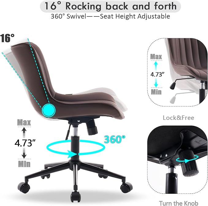 YOUNIKE Office Desk Chair with Wheels Armless Vanity Chair Modern Brown | Faux Leather Upholstered with Rocking Back, Swivel Height Adjustable Small Cute Computer Rolling Task Chair Ergonomic 300lb - Image 3