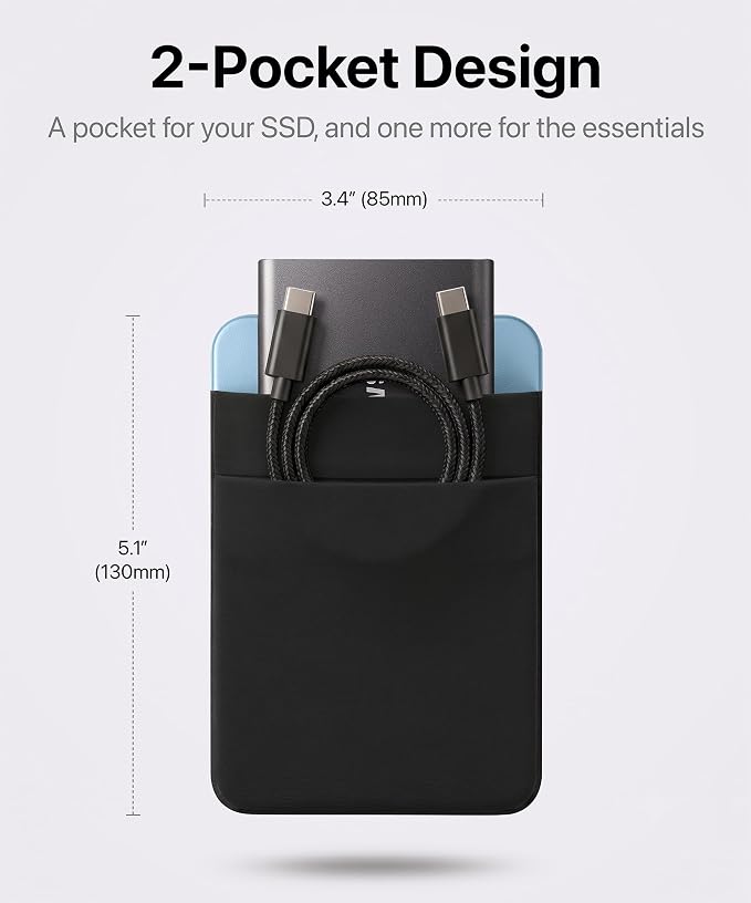2-Pocket SSD & Hard Drive Holder for Laptop, Reusable 3M Adhesive | Stick-On Sleeve for Portable SSDs | 5.1 x 3.4-Inch Pouch | Separate Pocket for Cables | Built-In Safety Strap - Image 2