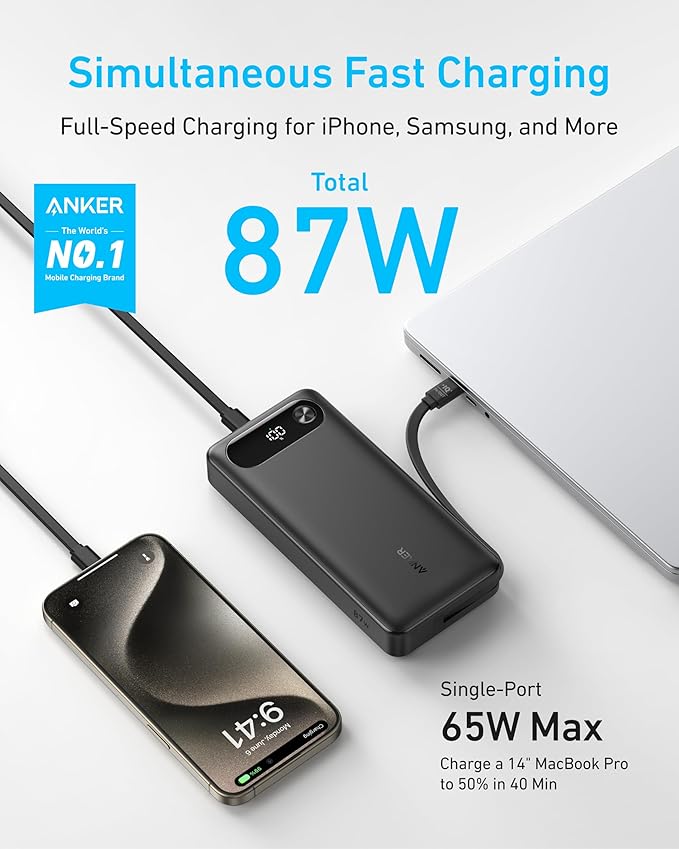 Anker Power Bank, 20,000mAh Travel Essential, Built-in USB-C Cable | 3-Port 87W Max Fast Charging Battery Pack, for MacBook, iPhone 16 / 15 Series, Samsung, Switch, and More - Image 2