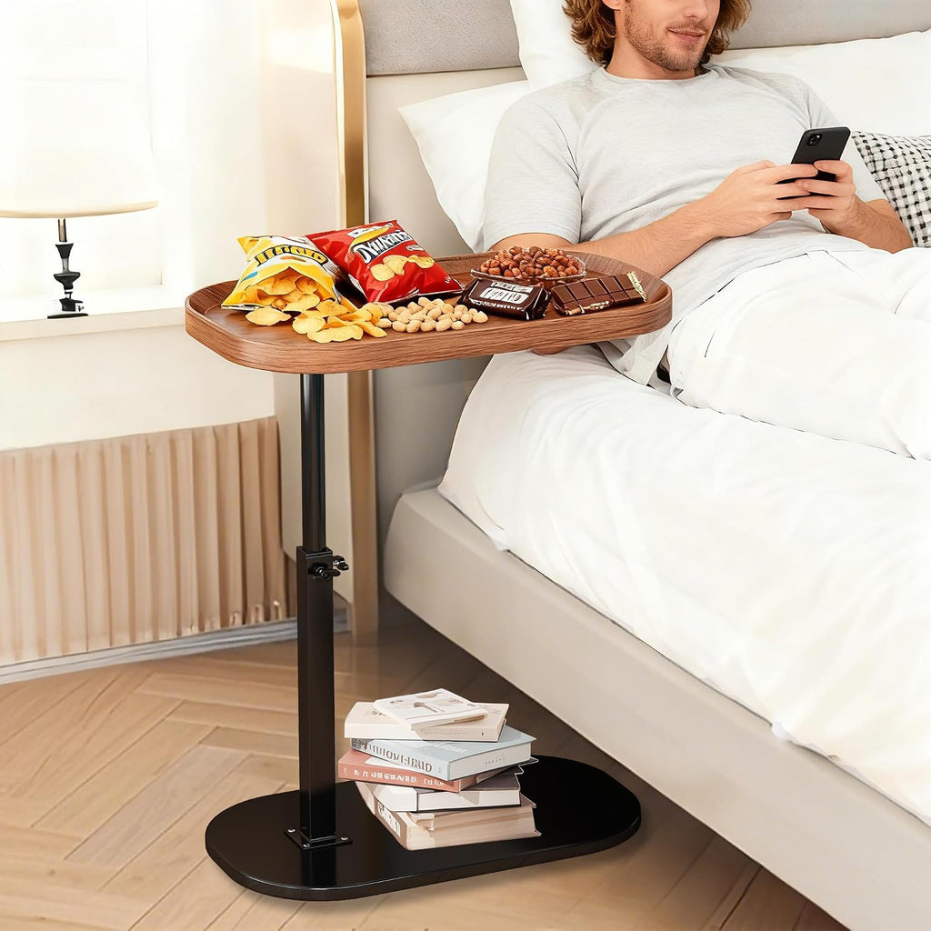 C Shaped Side Table Adjustable Height, 360° Swivel Couch End Table That Slide Under, Small C Shaped End Table for Sofa/Bed/Bathtub, Coffee TV Dinner Tray for Living Room, Bedroom, Bedside (Wood) - Image 5