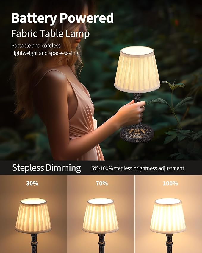 KDG Mottled Silver Cordless Table Lamps Set of 2, Beige Fabric Shade Light | 2700K Stepless Dimmable 4000mAh Battery Powered Portables Small Desk Lamp, LED Lighting for Living Room, Dining Room, Bedroom - Image 4