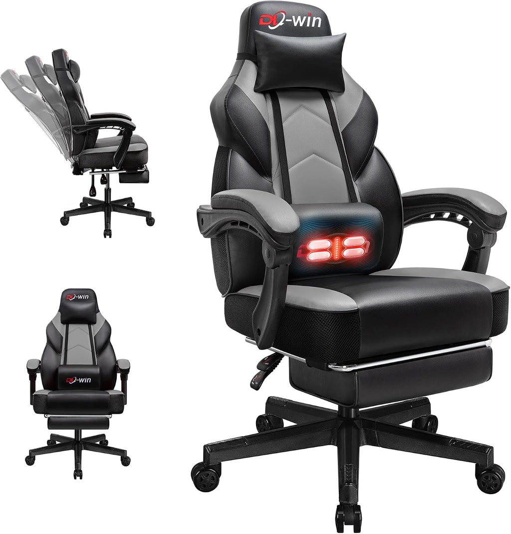 Big and Tall Gaming Chair, Footrest and Massage Lumbar Support, Grey by DL-win