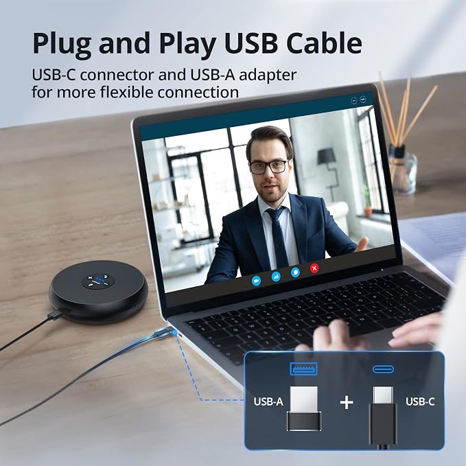 EMEET M1A USB Speakerphone, Built-in Mics, 360° Voice Pickup, Plug&Play | USB C & C-A Adapter, Computer Speakers with Fast Mute, Noise Reduction, Echo Cancellation for 5-8 People for Zoom Teams - Image 6