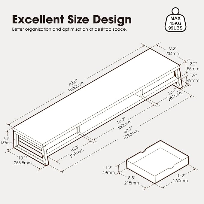 Fenge Dual Monitor Stand Riser, 42.5in Desk Shelf with 2 Drawers, Brown | 2-Tier Monitor Shelf for Desk, Storage Drawer with Stopper, Frosted, fit Home Office, Ultrawide Screen, PC, Laptop, TV - Image 3