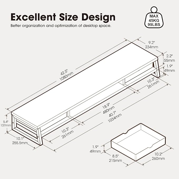 Fenge Dual Monitor Stand Riser, 42.5in Desk Shelf with 2 Drawers, Oak | 2-Tier Monitor Shelf for Desk, Storage Drawer with Stopper, Frosted, fit Home Office, Ultrawide Screen, PC, Laptop, TV - Image 3