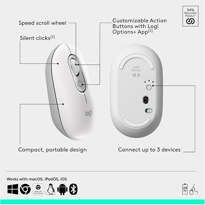 Logitech POP ICON Combo Wireless Bluetooth Keyboard and Mouse - White | Comfortable typing, programmable keys and buttons, quiet clicks, easy-switch up to 3 Bluetooth devices - Image 7