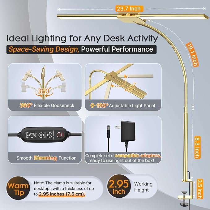 Syrinx LED Desk Lamp for Office Home, Dual Head Eye-Care Architect Lamp | Gesture/Wired Control, Flexible Neck, Bright Desk Light with Memory/Timer, 50 Lighting Modes for Study, Drafting, Gold - Image 5