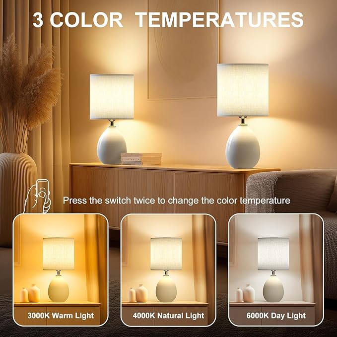 18.5" Table Lamps Set of 2 for Living Room Bedroom, Bedside Lamps for Night Stands, Desk Nightstand Lamp Dimmable, Modern Linen Cream Ceramic Lamps - Image 3