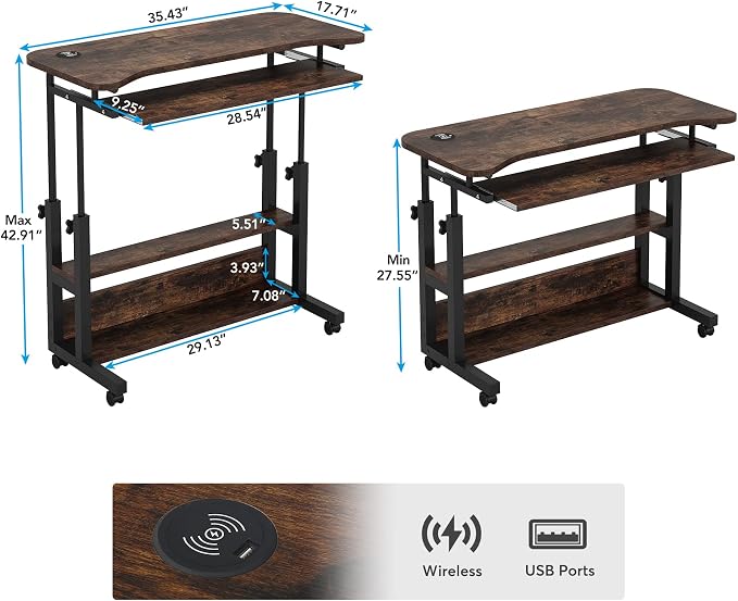 Tribesigns Portable Desk with Power Outlets, Height Adjustable Side Table Sofa Couch Bedside Laptop Computer Cart with USB Charging Ports, Mobile Small Standing Desk with Keyboard Tray - Image 2