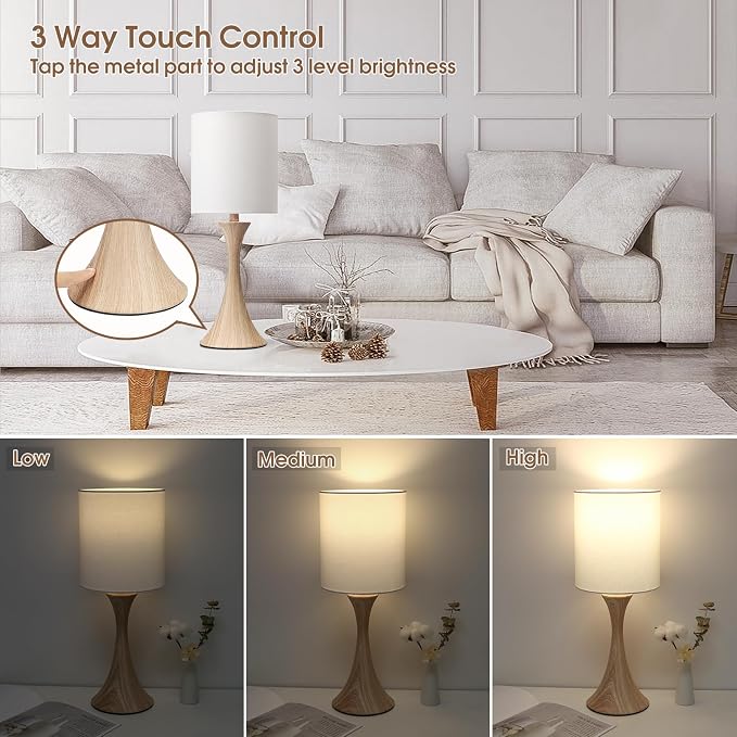 Dimmable Wood Grain Metal Table Lamp, 3 Way Touch Lamp with White Shade | Farmhouse Small Desk Lamp, Modern Nightstand Bedside Lamp for Living Room, Bedroom, Dorm, Office, 3000K LED Bulb Included - Image 3