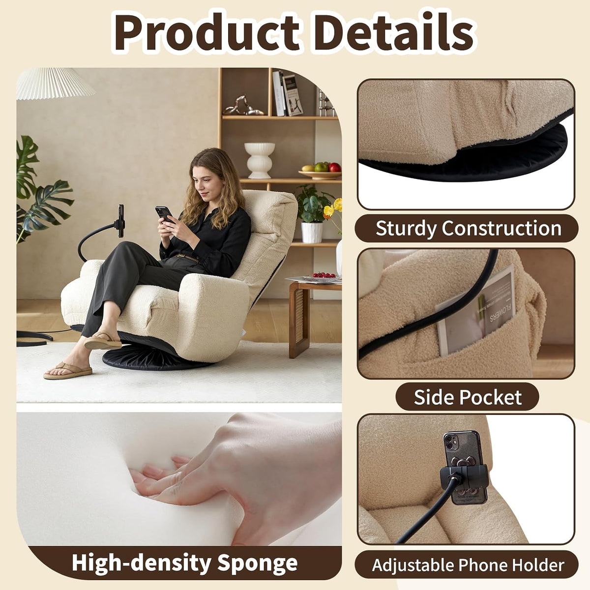 Swivel Lazy Floor Chair, Adjustable Reclining Floor Lounger with Head & Back Support and Phone Holder, Comfy Tatami Sofa Seat for Adults Bedroom & Gaming - Image 5